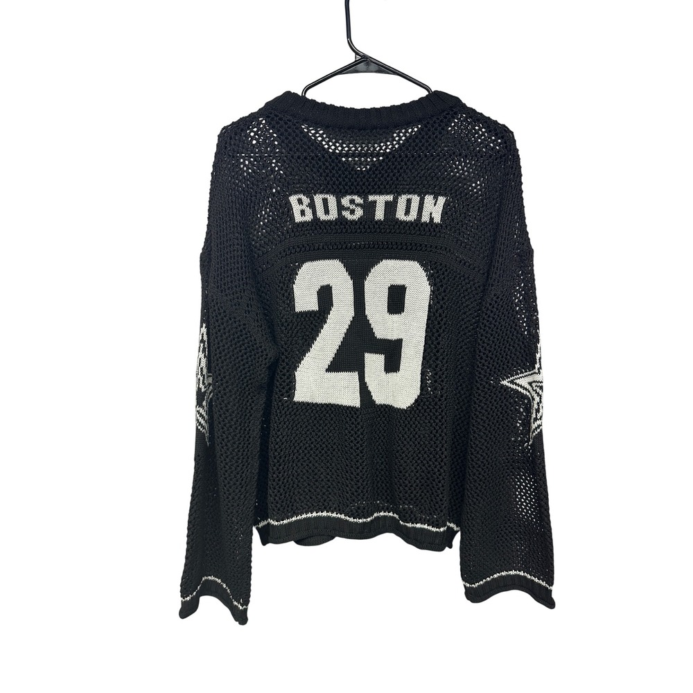 Black Crochet Hockey Football Jersey Sweater Boston Oversized Open Knit XL - Picture 3 of 6